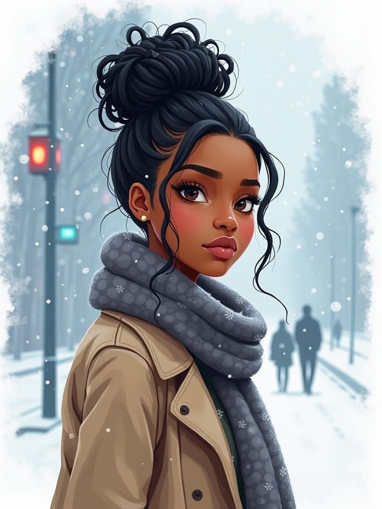 African American Woman in Gouache Style, Winter Scene