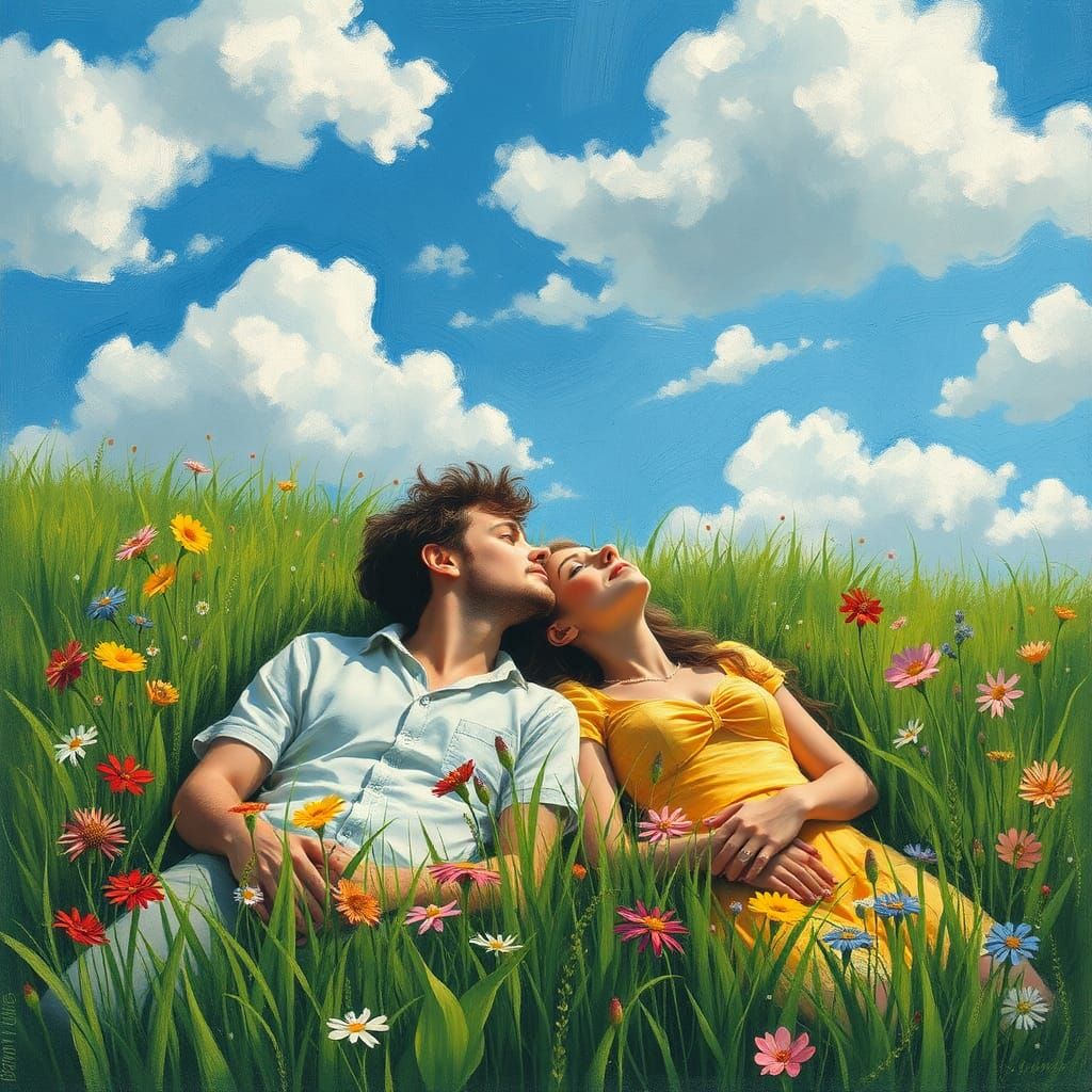 Dreamy Couple Gazing at Clouds as Chagall Painting