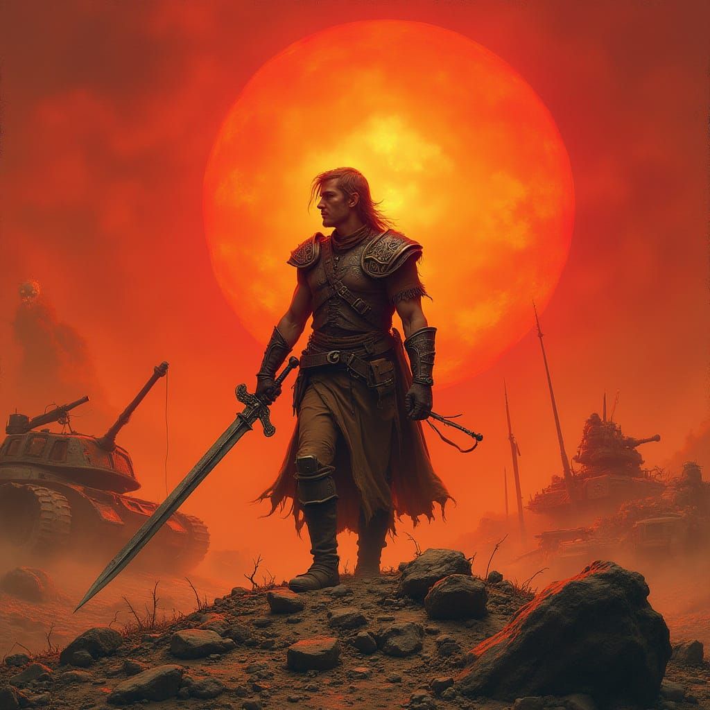 Warrior Silhouetted Against Crimson Sunset