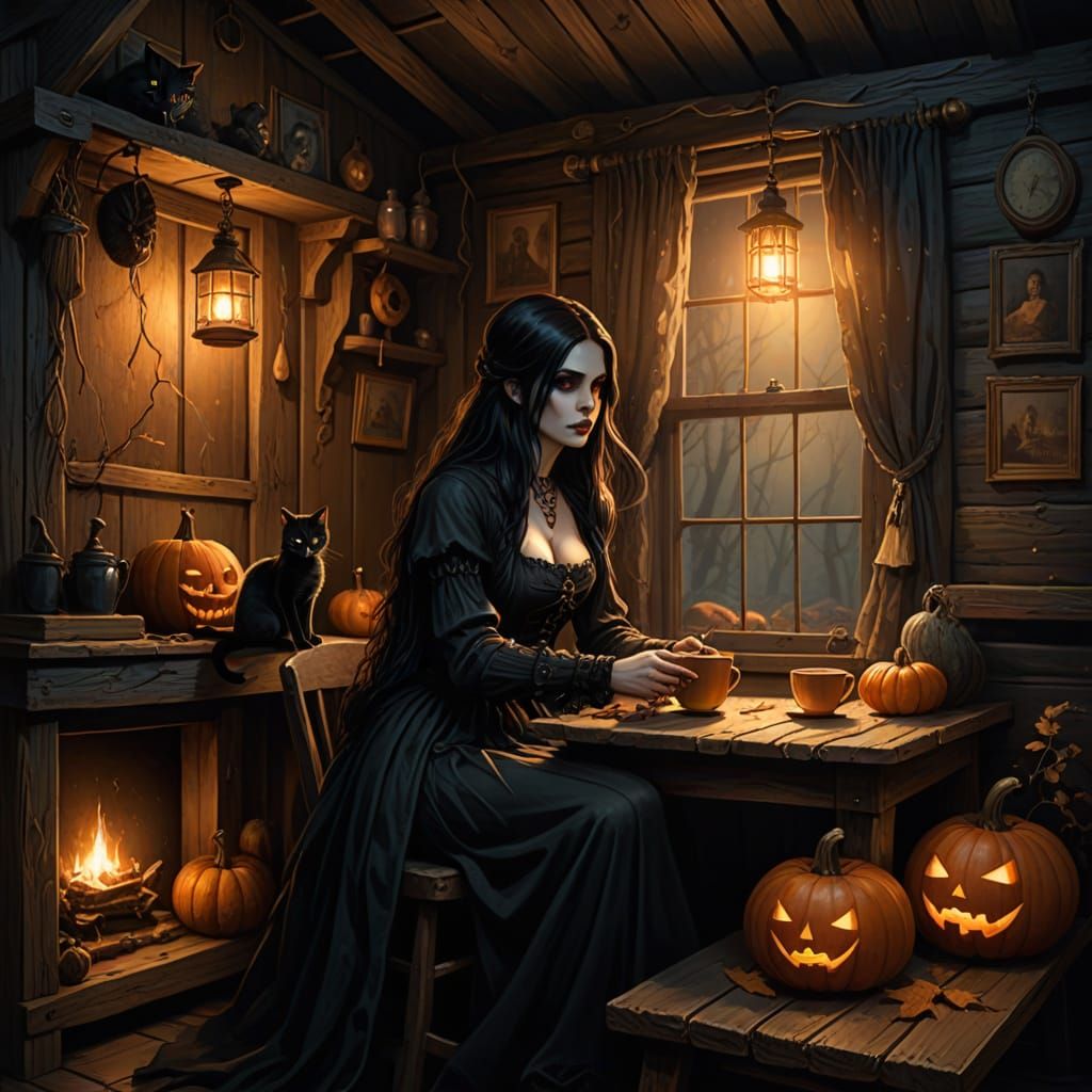 Goth Woman in a Haunting, Candlelit Cabin