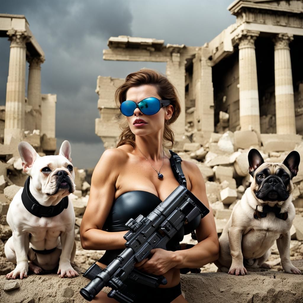 Surreal Snowstorm: Woman with Laser Rifle and Bulldogs