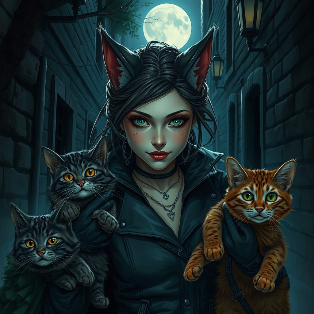 Catwoman Superhero Rescuing Cats in Gothic Alleyway