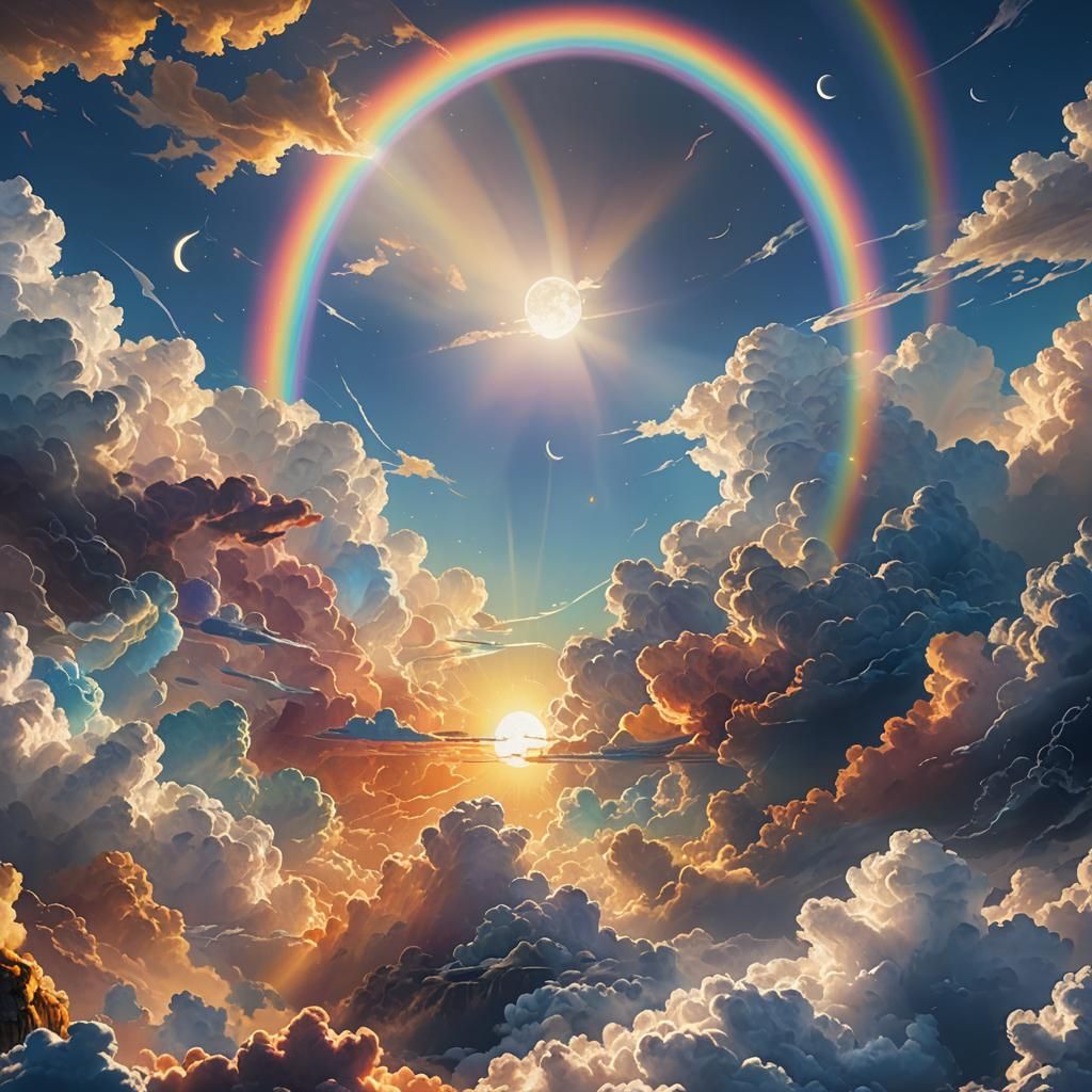 Above the Clouds: Sun, Moon, and Rainbow