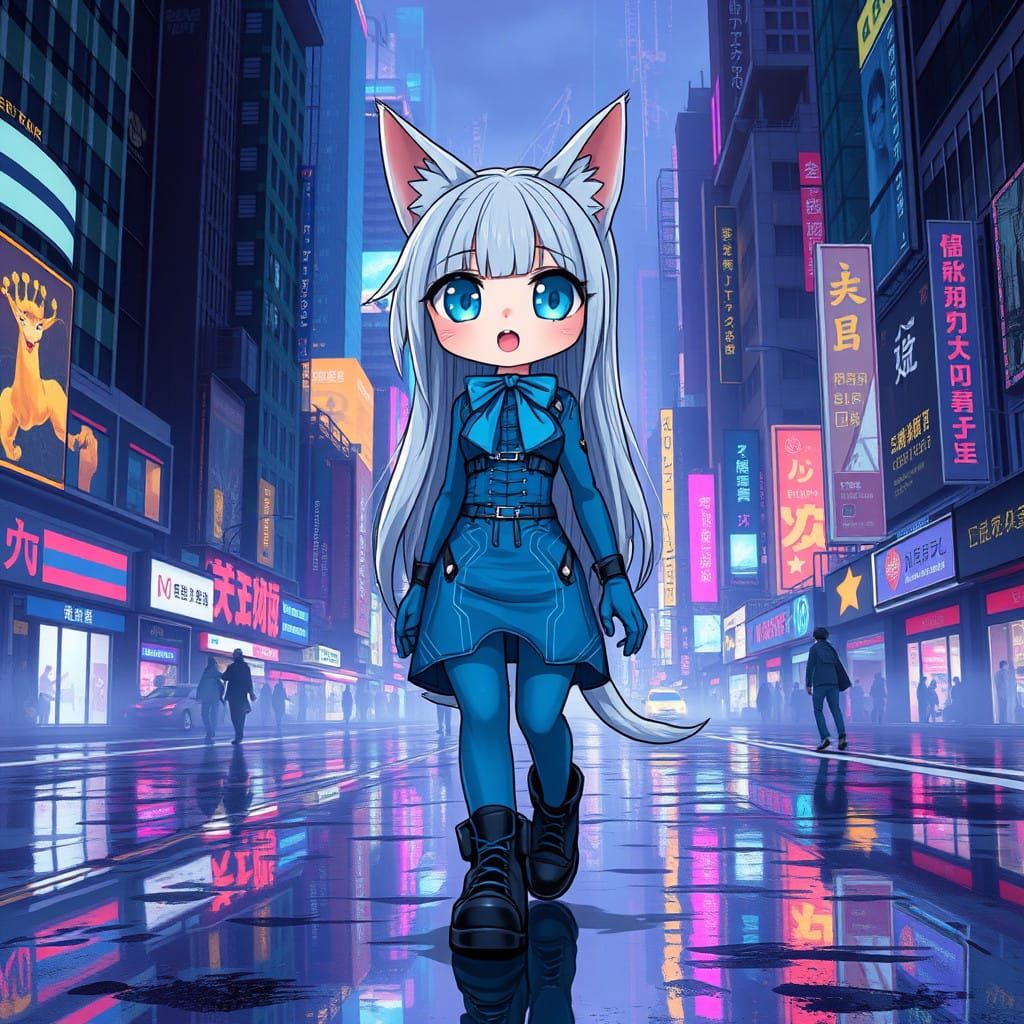 Cyberpunk Catgirl Strides Through Futuristic City
