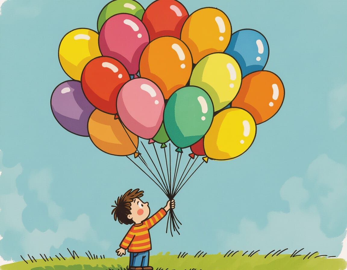 Boy with Balloons in Quentin Blake Style