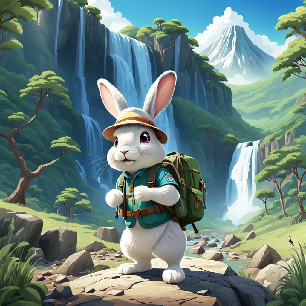 Adventurous Rabbit Explorer Stands Before Majestic Waterfall