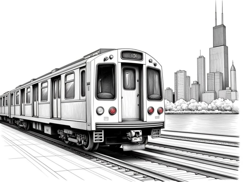 Surreal Pencil Drawing of Chicago 'L' Train in Black and Whi...