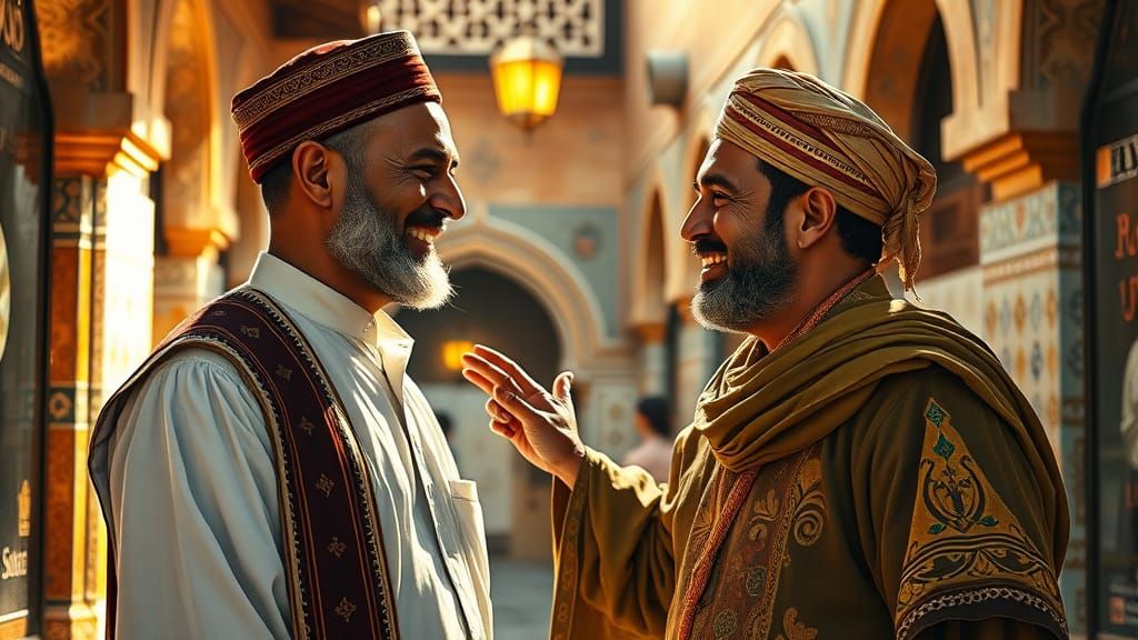 Warm Smiles Exchanged in Marketplace Courtyard