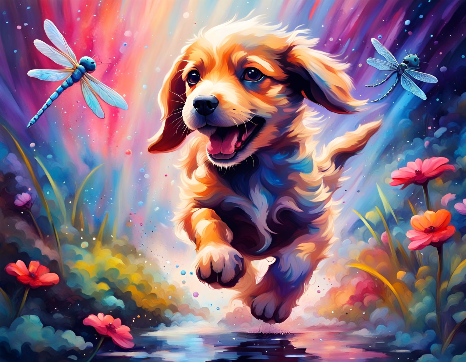 Puppy and Dragonfly Fantasy in Splash Art Style