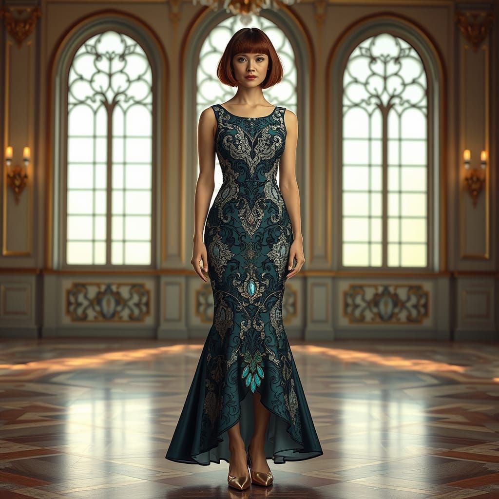 Woman in Stained Glass Art Nouveau Dress