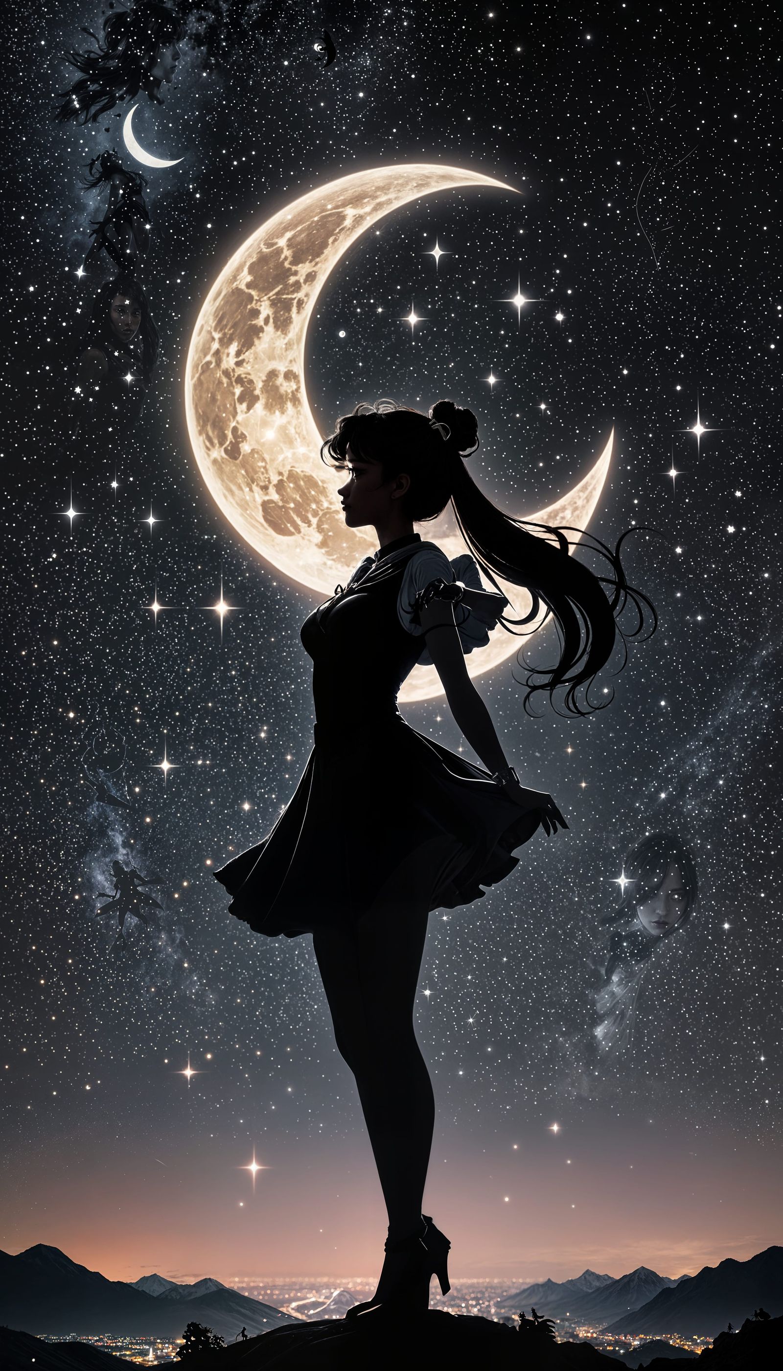 Sailor Moon Double Exposure Over Crescent Moon