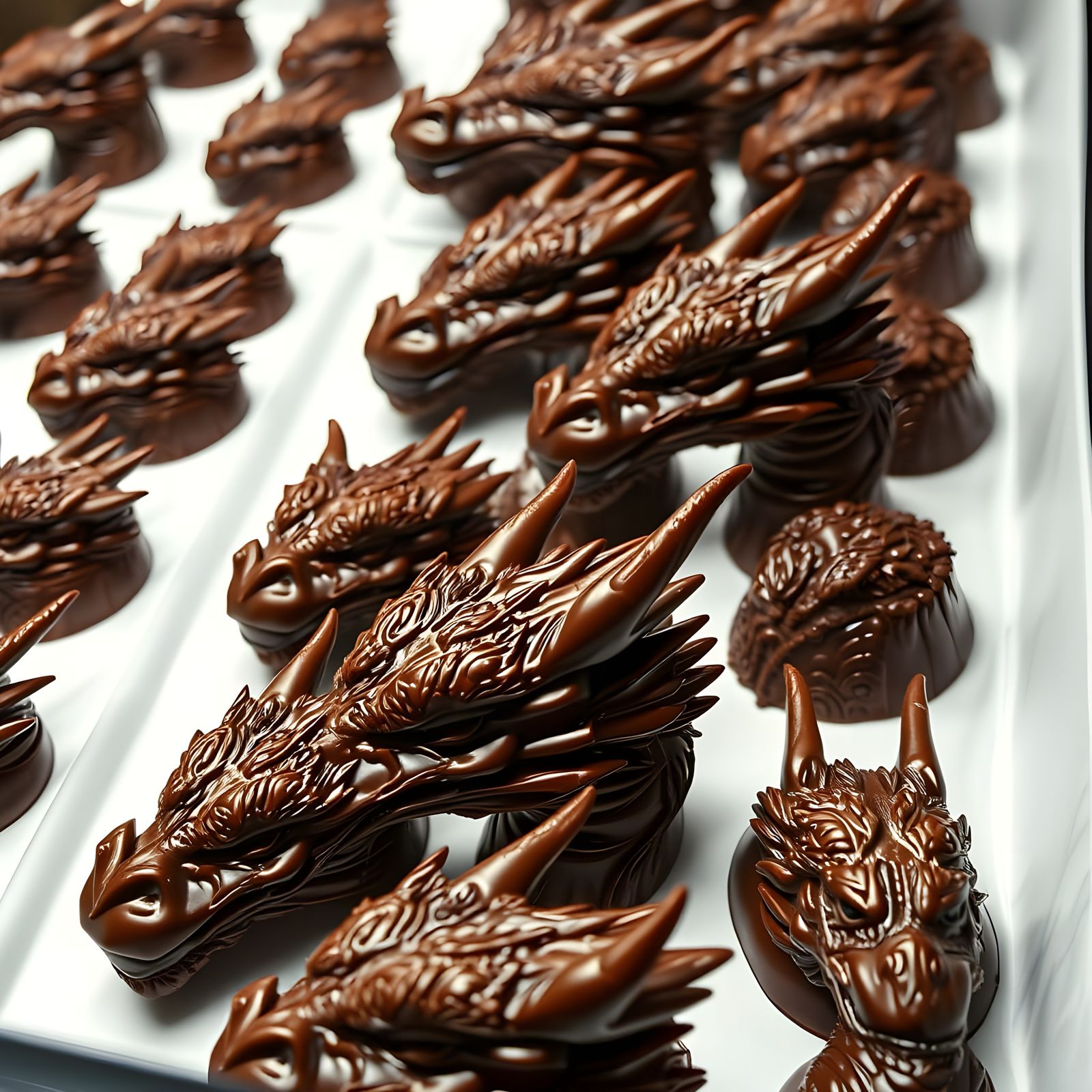 A beautiful masterpiece of a gigantic brown monochromic photo of  dragon head chocolates  each in a white baking sheet, ...