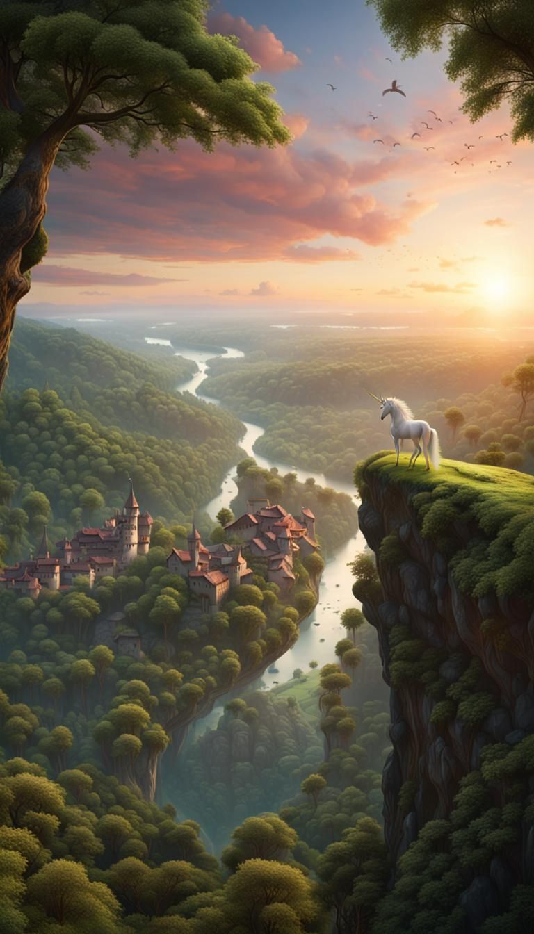 Unicorn Overlook: Lush Valley Sunset, Fantasy Art