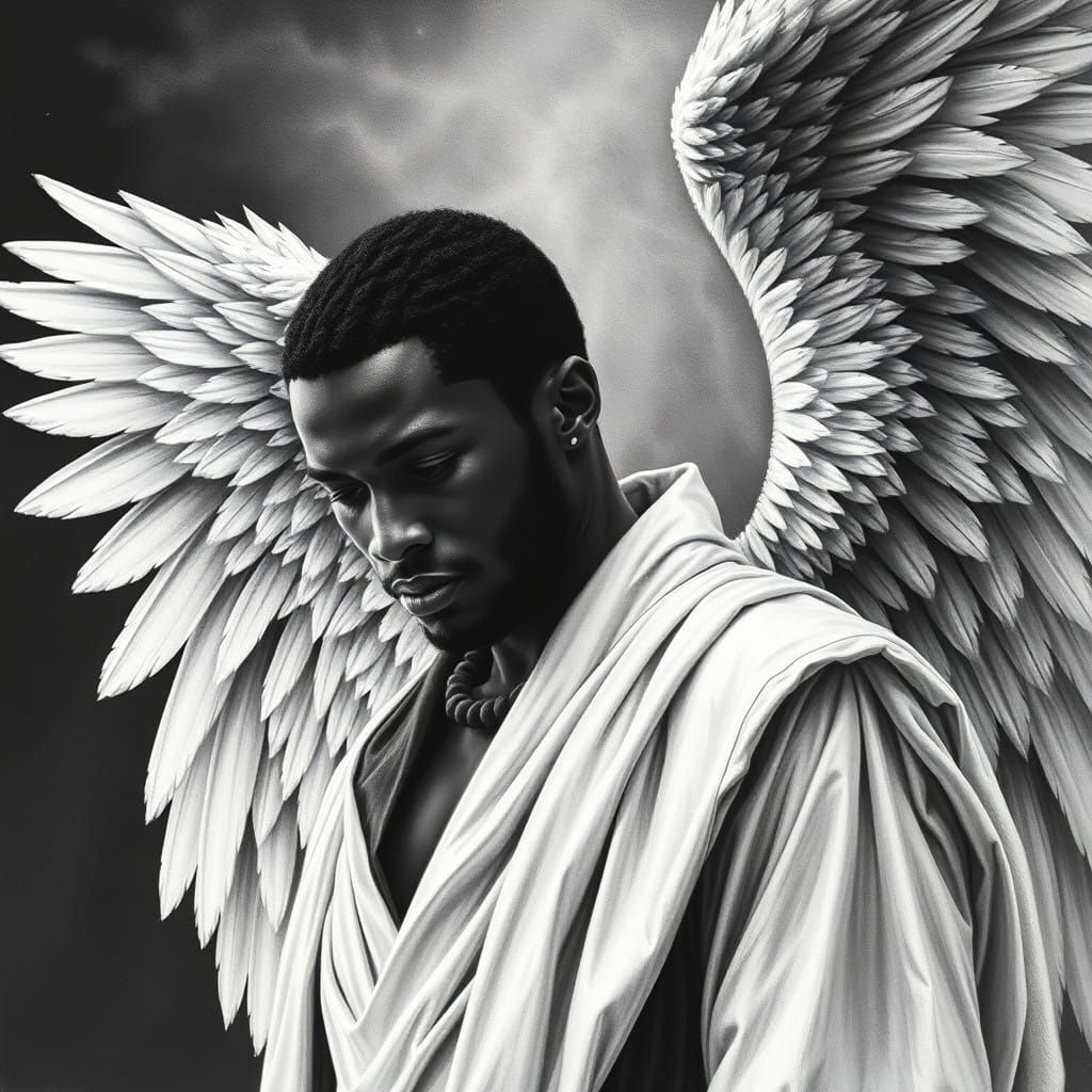 Majestic Black Angel with Feathered Wings