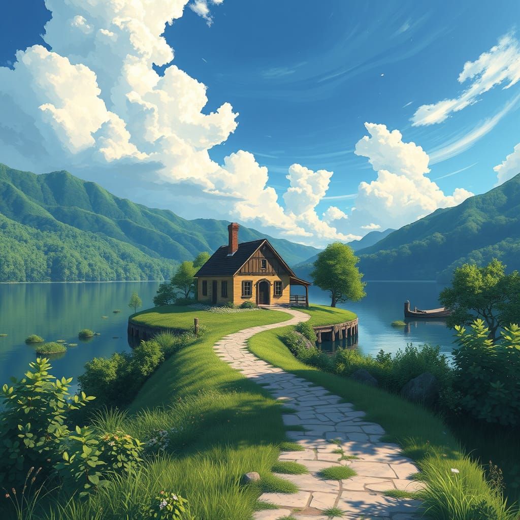 Lush Cottage Scene in Anime-Inspired Impasto Style