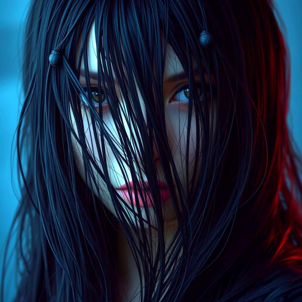 Long Hair Envelops a Young Girl's Face in a Fantastical Worl...