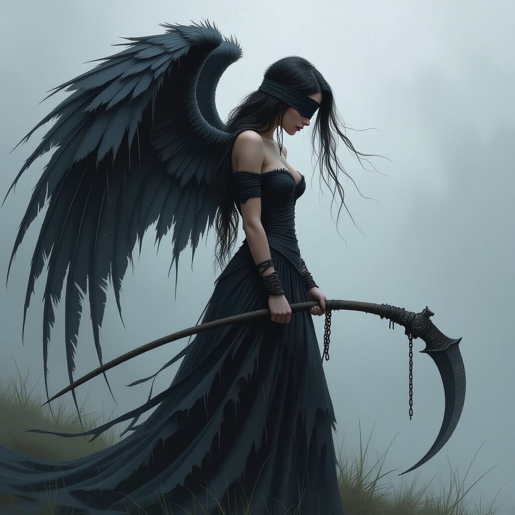 Fairy in Tattered Dress Holding Scythe, Blindfolded, Moody P...