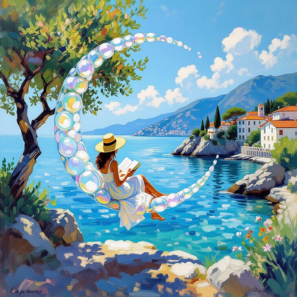 Impressionist Scene: Woman Reading in Moon Bubble