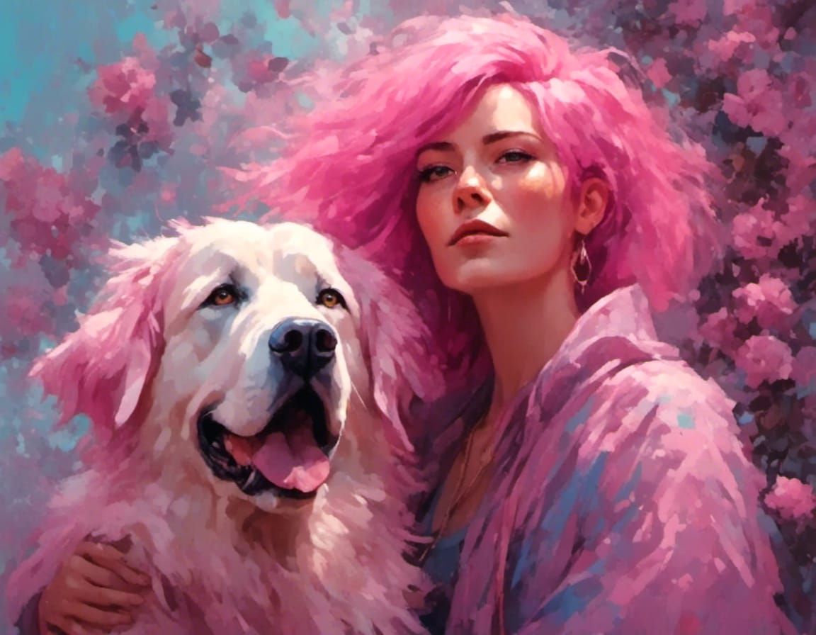 Pink-Haired Woman and Dog in Pastel Art Style