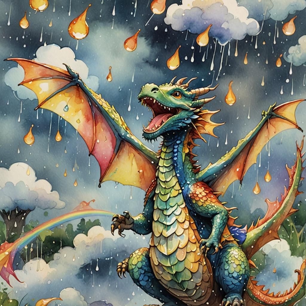 Happy Dragon Dancing in Rain, Watercolor Art