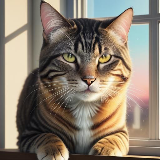 Cat at Sunset: Hyper-Realistic Digital Illustration