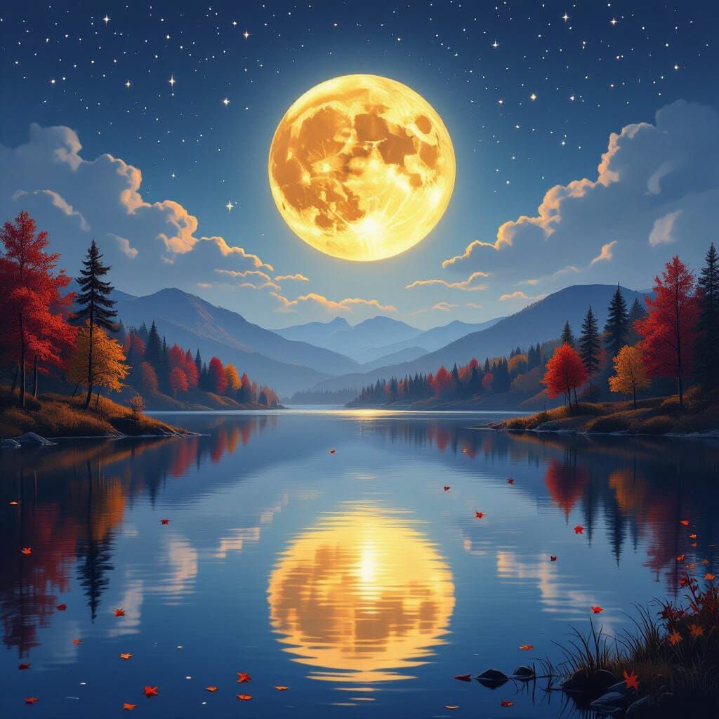 Tranquil Autumn Lake Reflects Glowing Full Moon