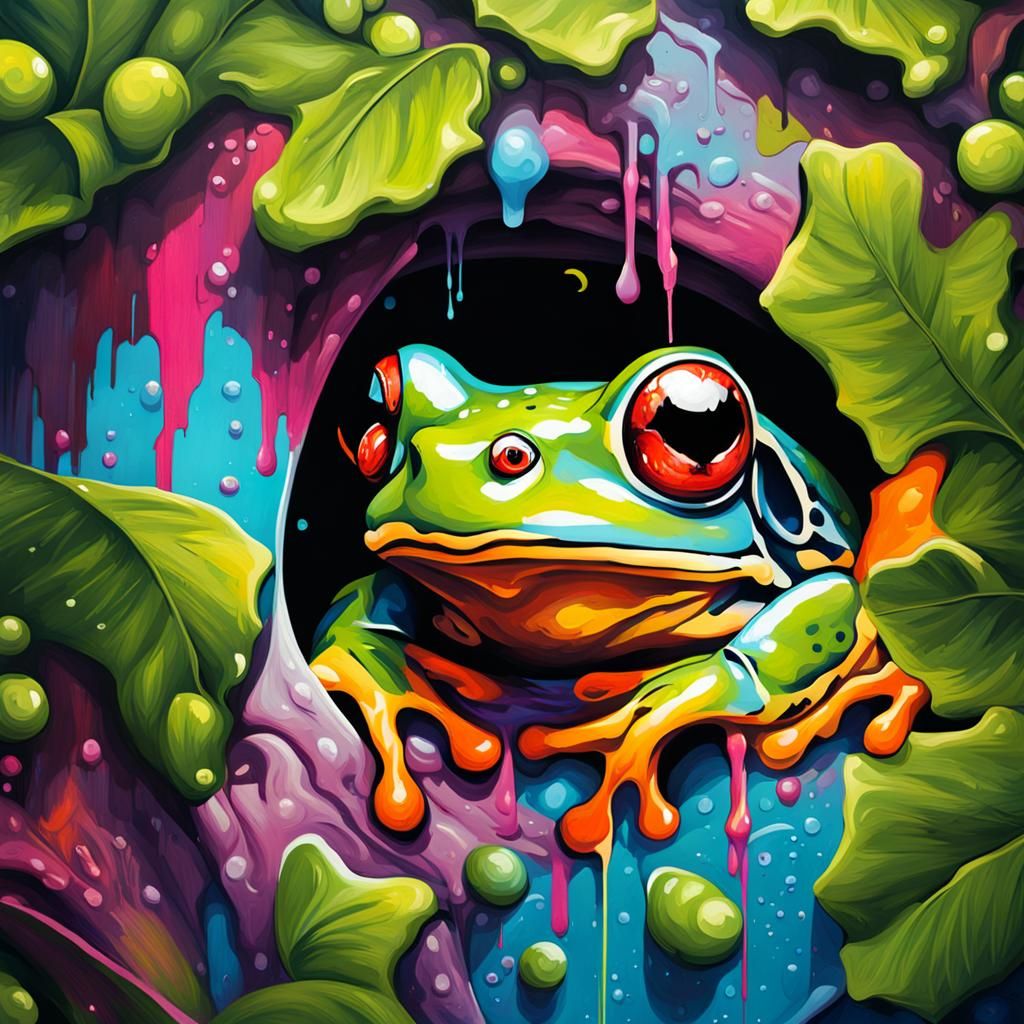Frog Hiding in Tree in Graffiti Art Style