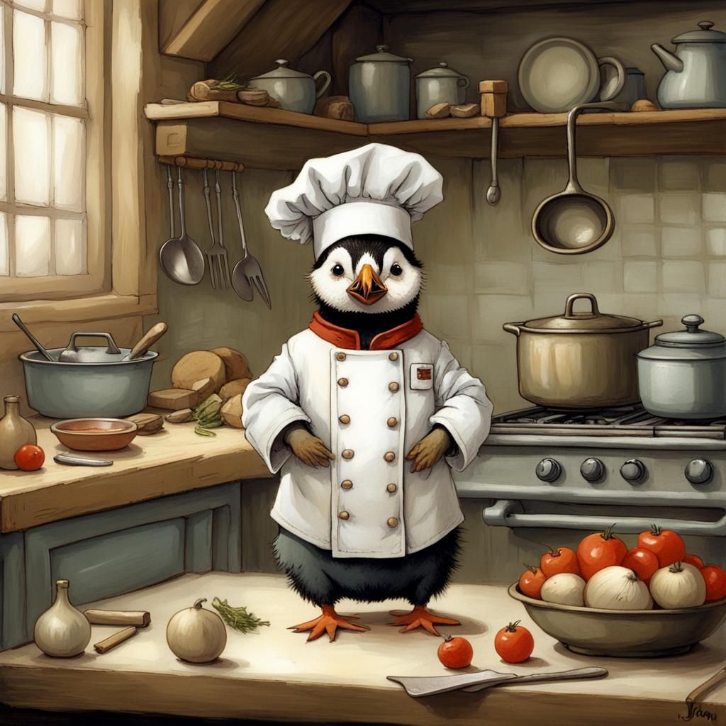 Adorable Chef Puffin in Kitchen, Anthropomorphic Art