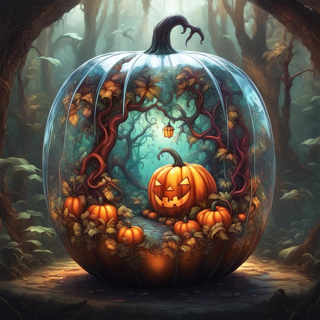 Pumpkin monster in the jungle carved in a transparent stained glass pumpkin