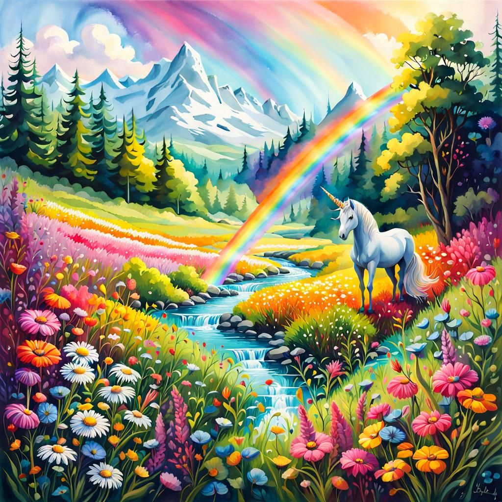 Rainbow Unicorn Meadow in Digital Watercolor Style