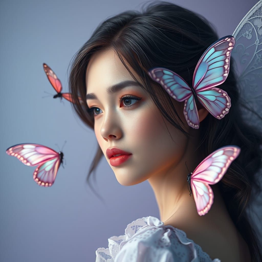Prompt: Hyperrealism art style A woman with butterfly on eac...