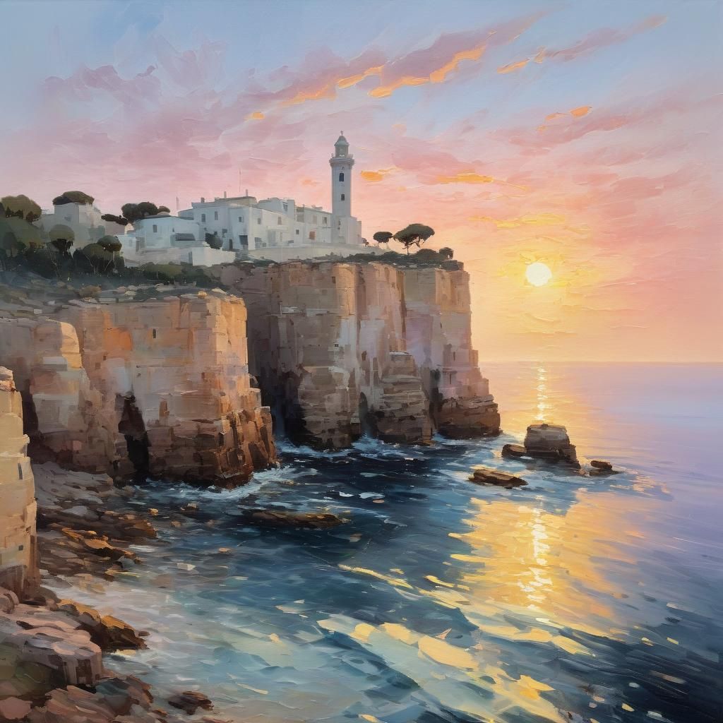 Impressionist Oil Painting of Faro di Santa Maria di Leuca a...