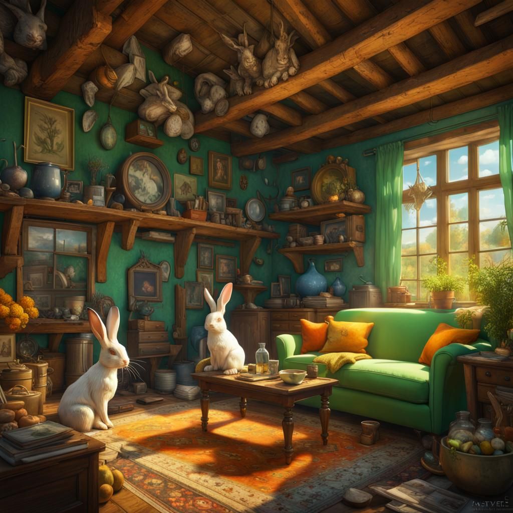 Cluttered Farmhouse Interior with Colorful Art