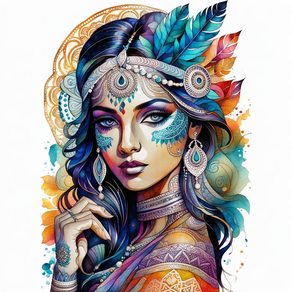 Colorful Indian-Inspired Fantasy Portrait in Mixed Media