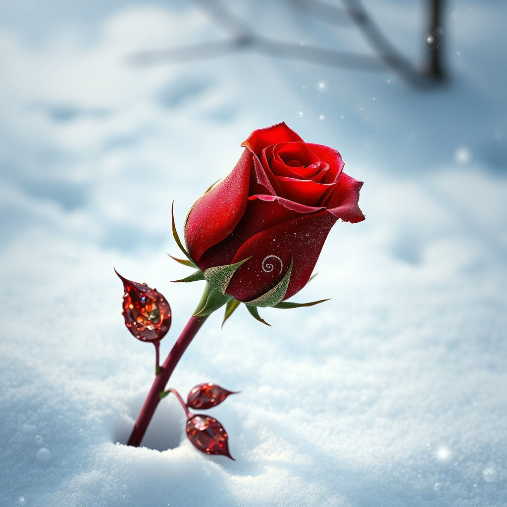Enchanted Jeweled Rose on Snow, Art Nouveau Style