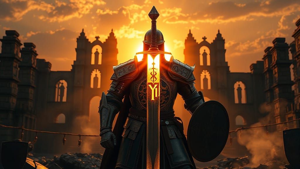 Noble Templar Warrior in Dying Sunlight with Holy Relic Embl...