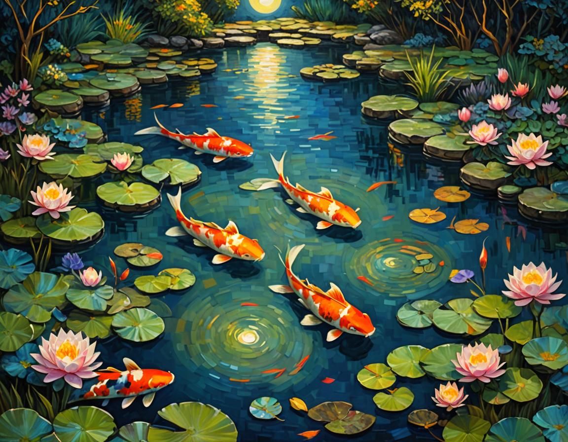 Moonlit Koi Pond: Impasto Painting in Impressionist Style