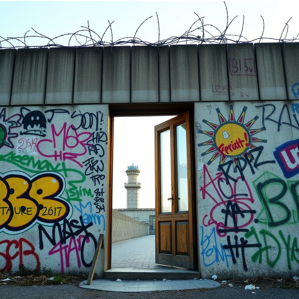 Berlin Wall with Open Door and Watchtowers