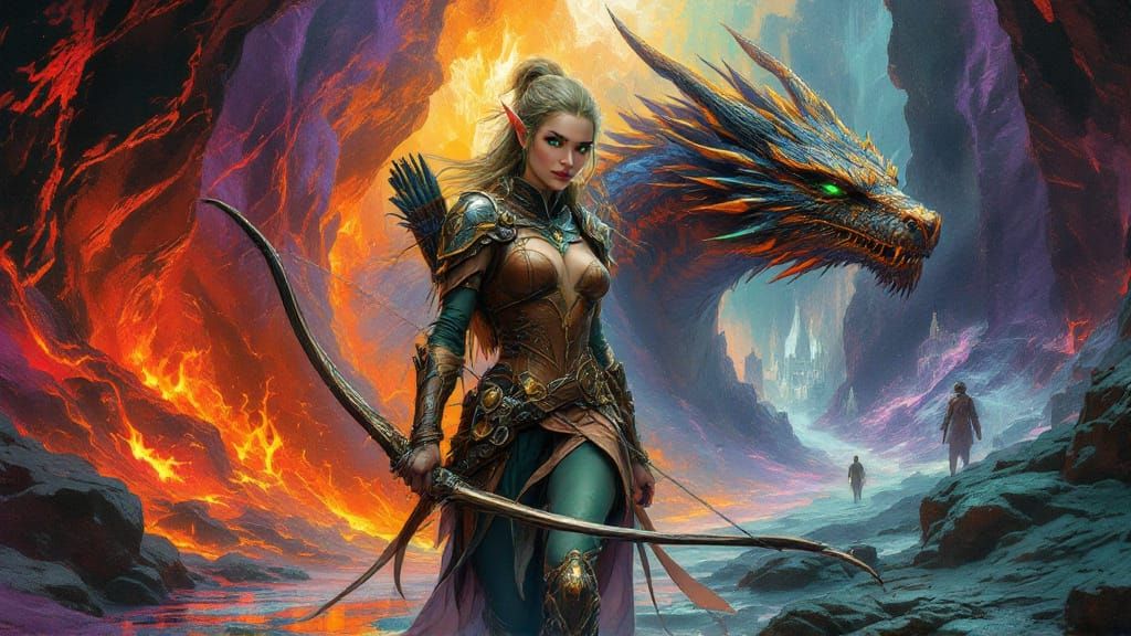 Elven Archer and Dragon in Surreal Realms