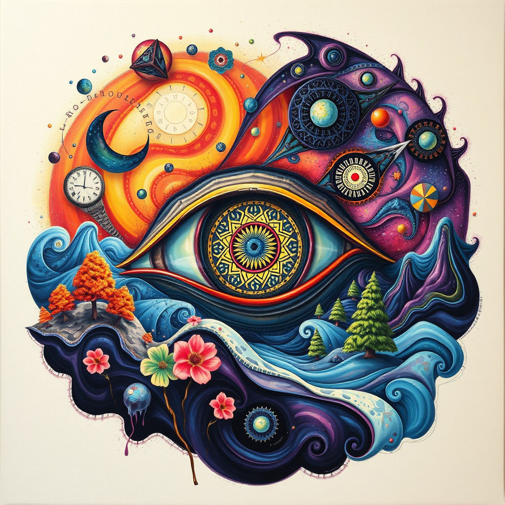 Surreal Eye with Melting Clocks and Cosmic Swirls
