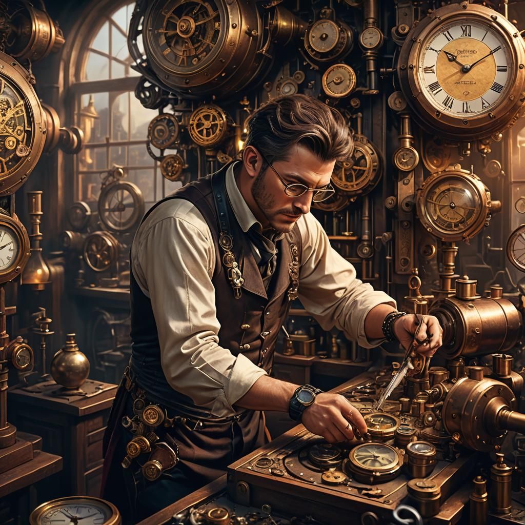 Steampunk Watchmaker Crafts Timepieces in Workshop