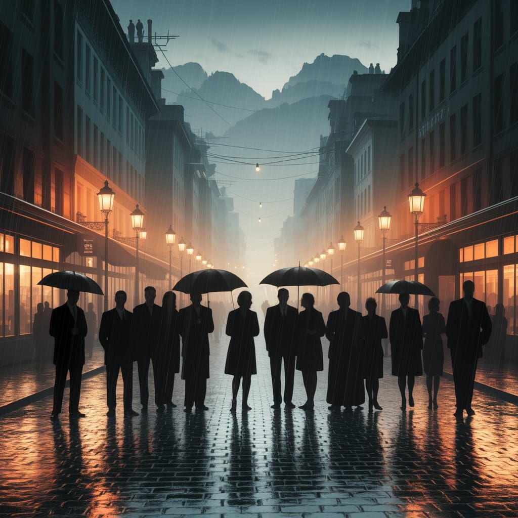 Film Noir Cityscape with Silhouettes in Rain