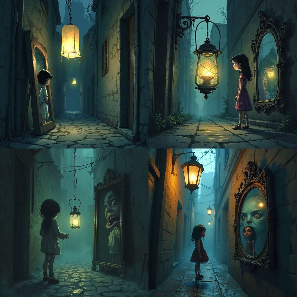 Dark Fantasy Cartoon: Girl's Distorted Reflection in Misty A...