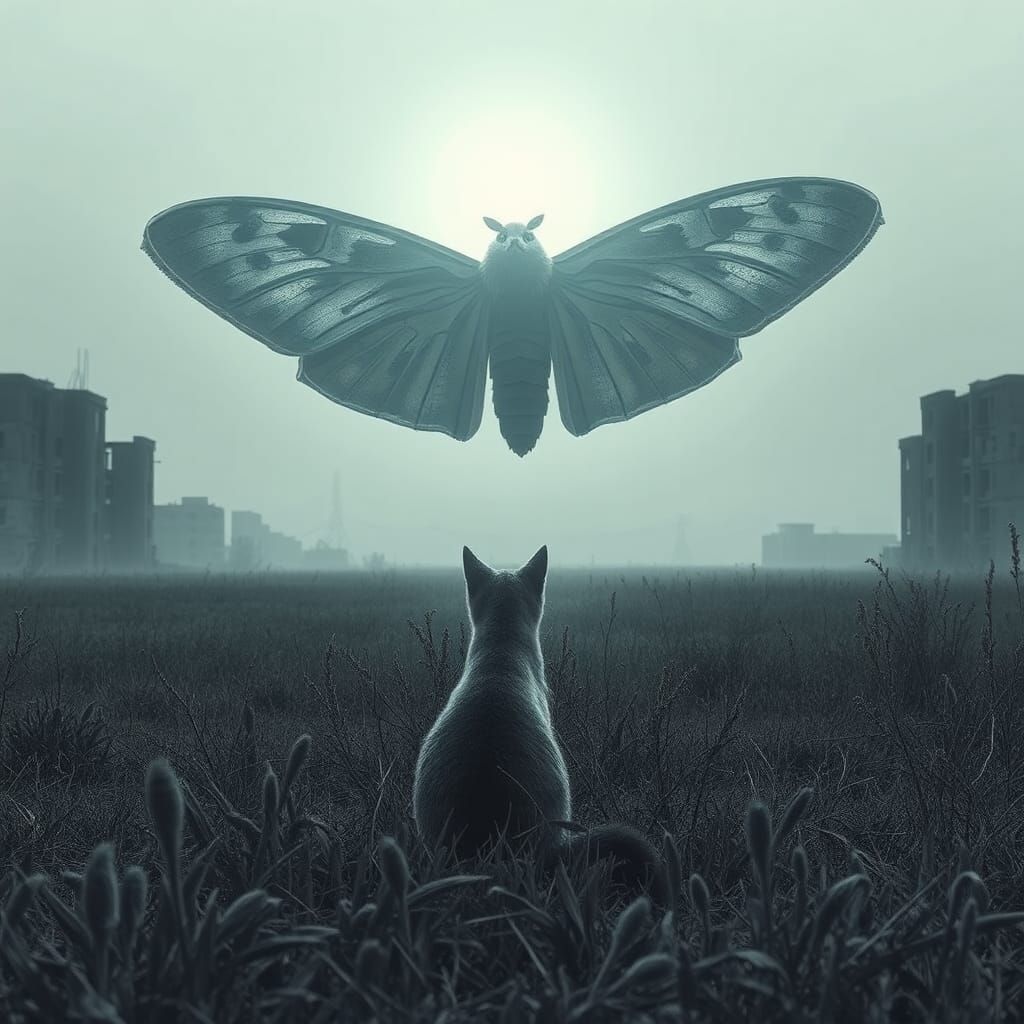 Cat Watches Moth Eclipse Sun in Desolate Field