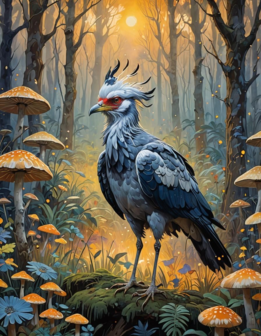 Secretary Bird in Mystical Forest, Fauvist Style