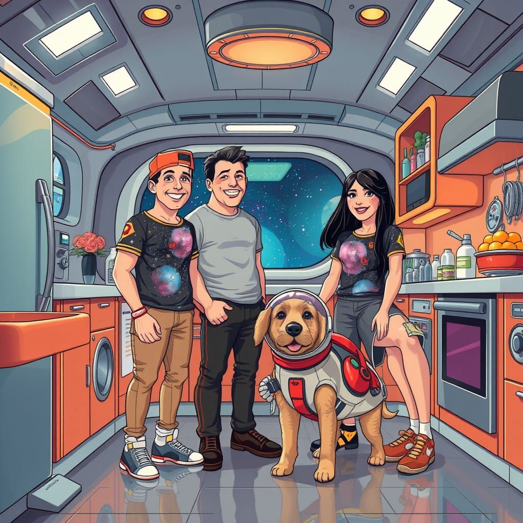 Happy Family in Spaceship Kitchen, Whimsical Art