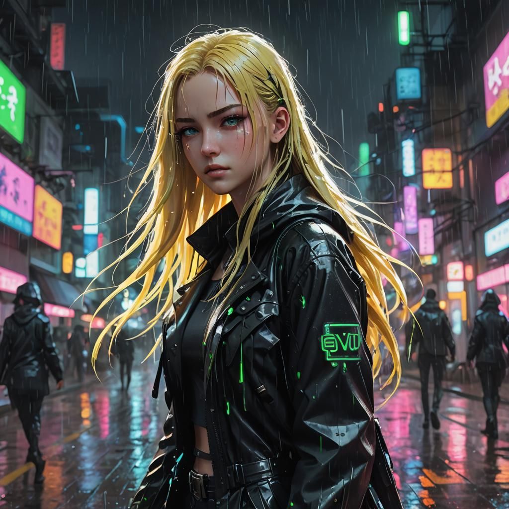 Cyberpunk Anime Girl in Rain with Glowing Eyes