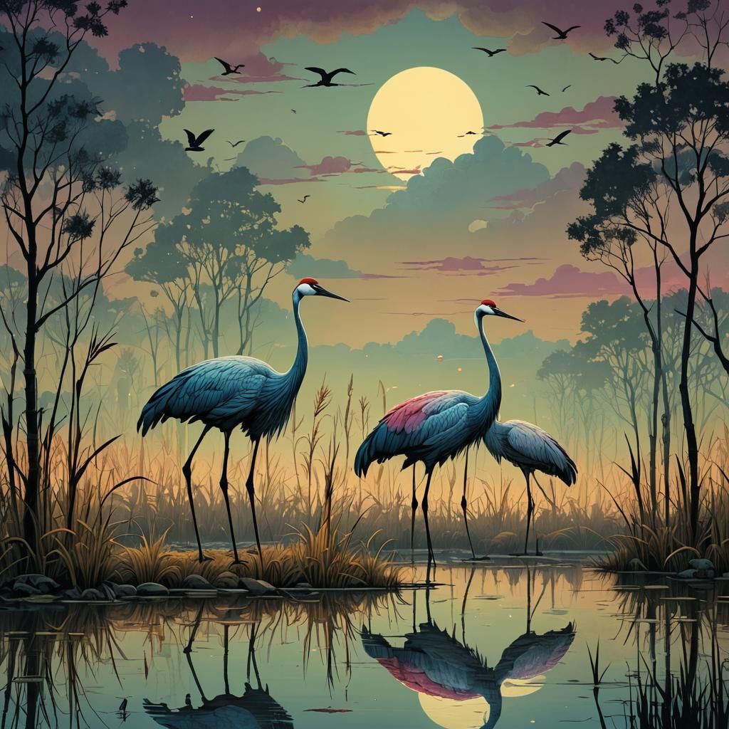 Cranes in Candy Art Style on Lake Shore