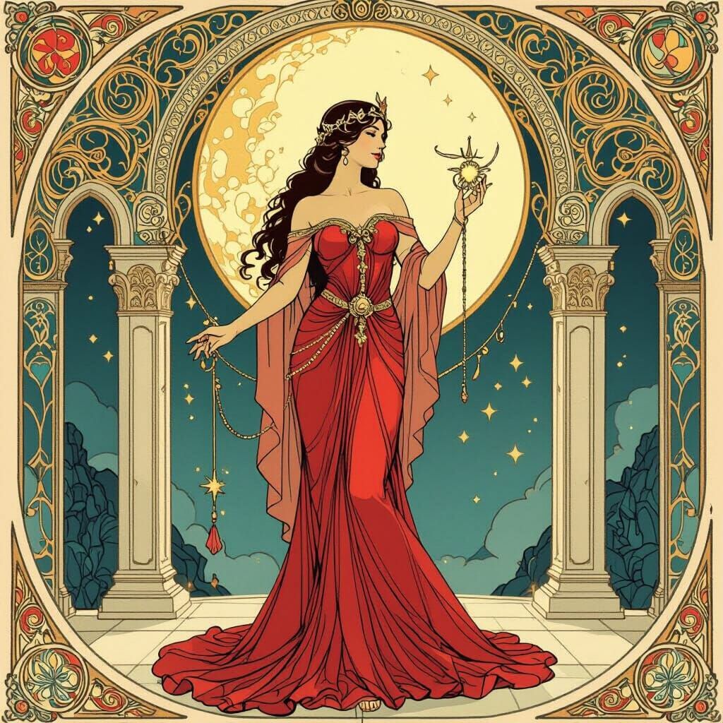 Lace-Clad Goddess with Celestial Pet, Art Nouveau Style