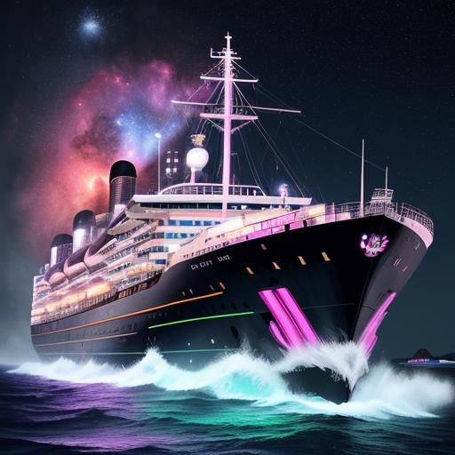 {
  "main_prompt": "A boat adorned with radiant neon stripes...